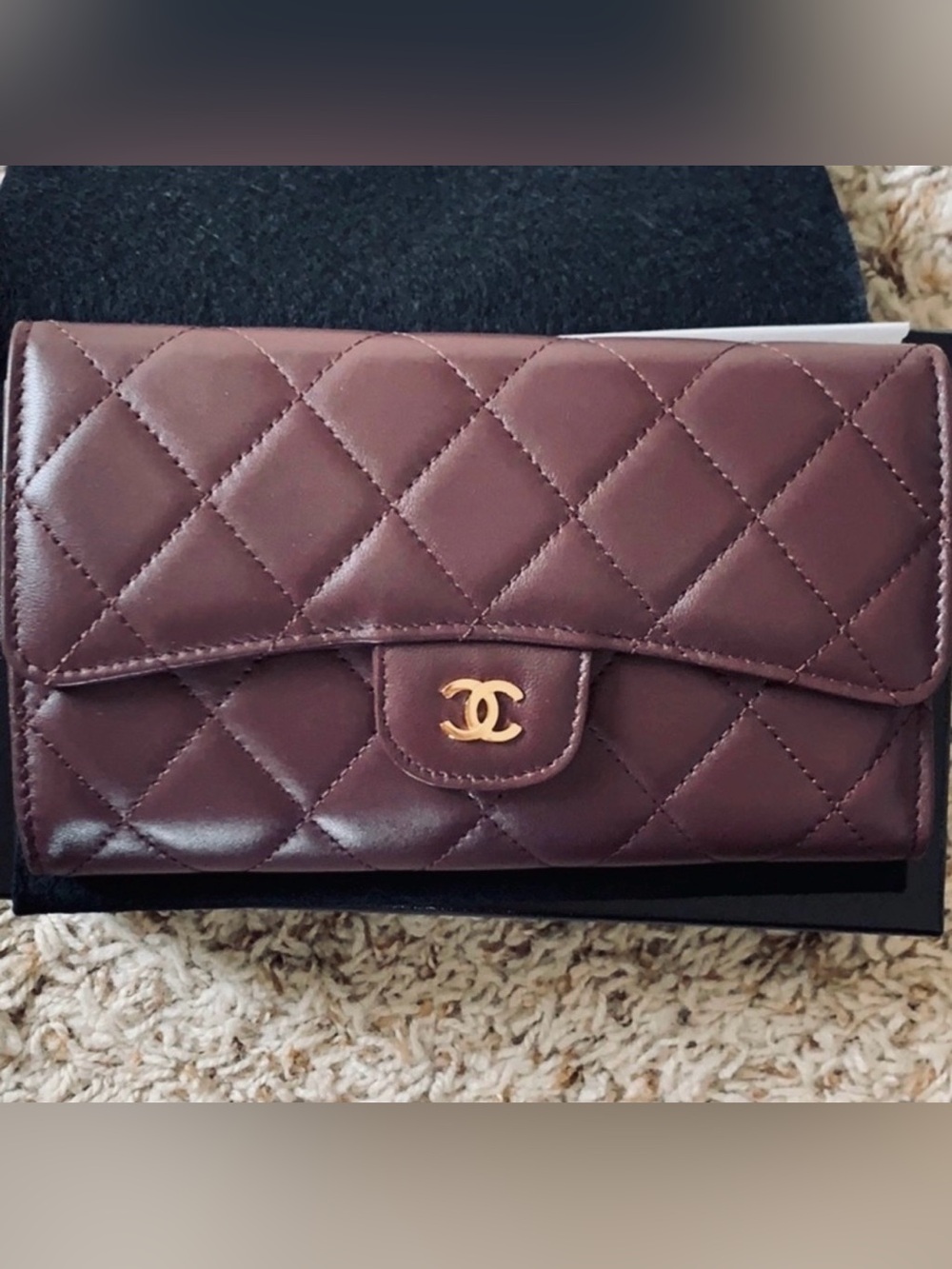 CHANEL Diamond Quilt Stitch Leather Plum Eggplant Flap Clutch Wallet Bag